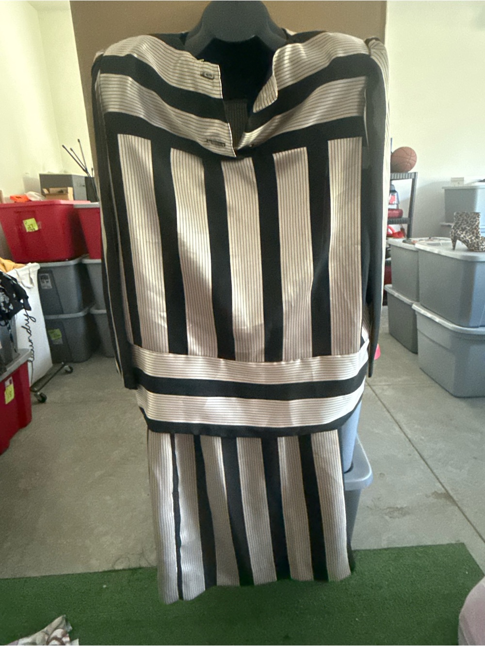 Women's Striped Satin Skirt Set in Black and Cream mp81